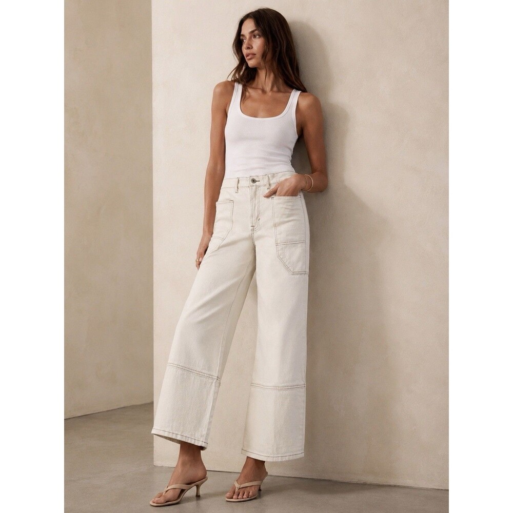 Kensie The Carla High Rise Wide Leg Crop Jeans Size 6/28 Cream Utility Pocket